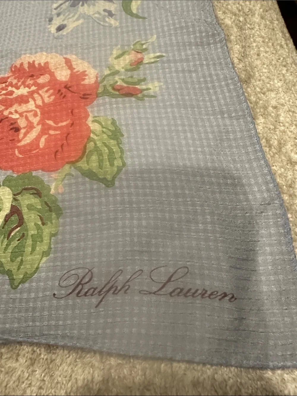 Ralph Lauren Light Blue Floral Scarf with Red & Green Accents